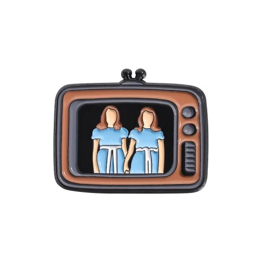 Broșă metalică retro TV cu două personaje 3 x 2,3 cm insignă smaltată pin multicolor pentru îmbrăcăminte rucsac accesoriu horror