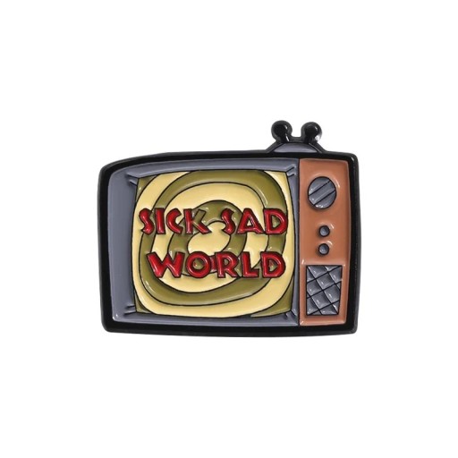Broșă metalică retro TV cu inscripția Sick Sad World 2,8 x 2,3 cm insignă smaltată pin multicolor pentru îmbrăcăminte rucsac accesoriu horror