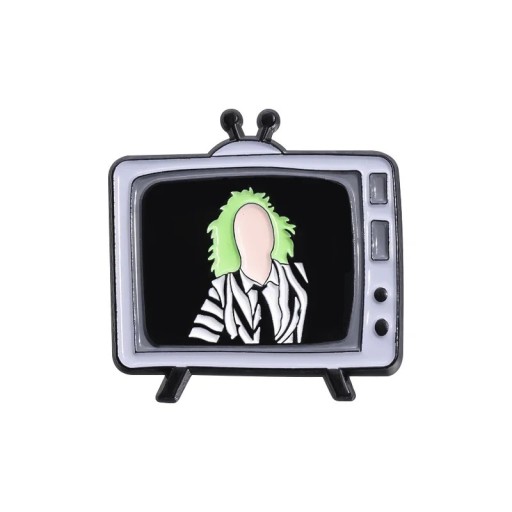 Broșă metalică retro TV cu personaj cu păr verde 2,8 x 2,8 cm insigne emailate pin alb-negru pentru îmbrăcăminte rucsac accesoriu horror