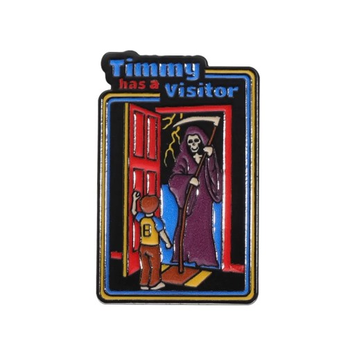 Broșă metalică scenă de groază cca 2,8 x 1,8 cm pin insignă personaj colorat al morții la ușă motiv Halloween accesoriu pentru îmbrăcăminte rucsac