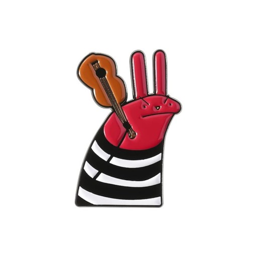 Broșă smaltată cu iepure desenat și chitară cca 3 x 2 cm pin roșu alb-negru accesoriu pentru rucsac îmbrăcăminte