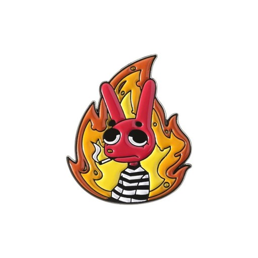 Broșă smalțată cu iepure desenat și foc, cca 3 x 2,5 cm, pin roșu-portocalie, insignă, accesoriu pentru rucsac, îmbrăcăminte