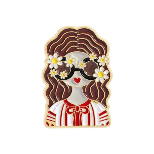 Broșă smaltată cu personaj desenat rusesc și ochelari cu flori cca 2,5 × 1,5 cm insignă metalică roșie albă accesoriu pentru îmbrăcăminte