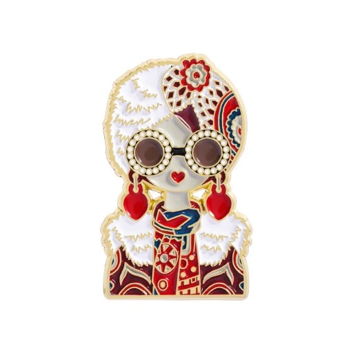 Broșă smaltată cu personaj rusesc desenat cu ochelari cca 2,5 × 1,5 cm insignă metalică decorativă roșu aurie pentru îmbrăcăminte
