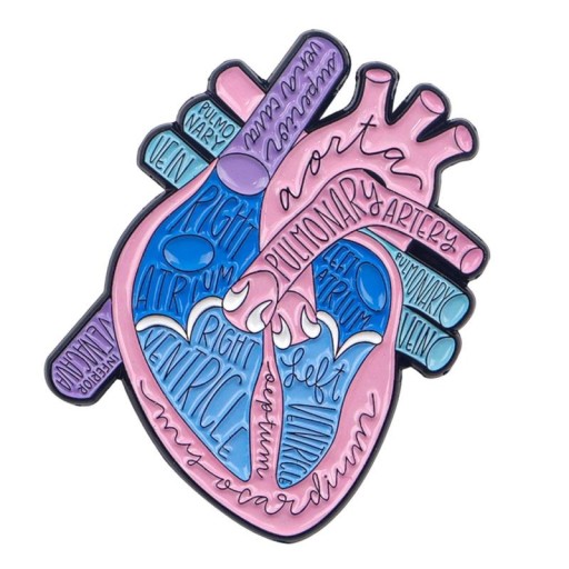 Broșă smaltată în formă de inimă umană, motiv anatomic 3,4 × 4,3 cm, insignă roz-albastră pentru rucsac, îmbrăcăminte, accesoriu, bijuterie, cadou