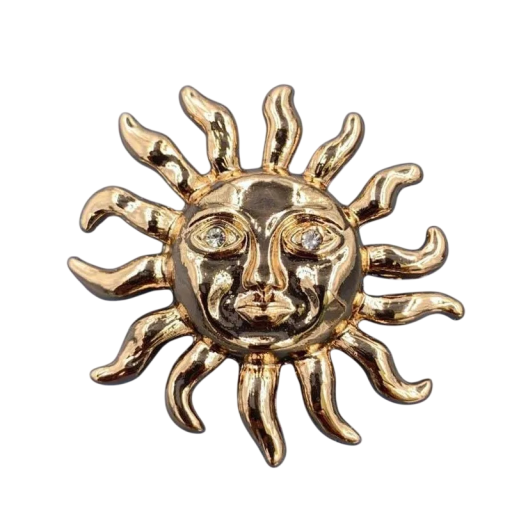 Broșă soare cu față pin decorativ metalic auriu lucios design cu raze accesoriu pentru îmbrăcăminte rucsac rever bijuterie