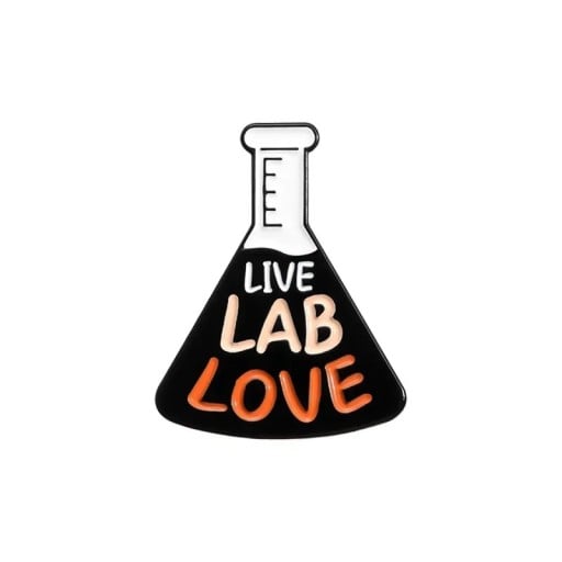 Bross Live Lab Love laboratóriumi bańka cca 3 x 2,3 cm fém kitűző fekete fehér és narancssárga felirattal ruházatra hátizsákra táskára