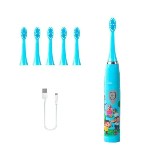 Brosse à dents électrique sonique pour enfants avec chargement USB étanche IPX7 design coloré et cartoon 6 têtes de rechange poils doux
