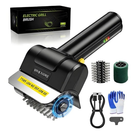 Brosse électrique rechargeable pour barbecue avec tête rotative, 1100 tr/min, batterie 2000 mAh, charge USB-C, 20 cm, noir, pour grilles et plaques