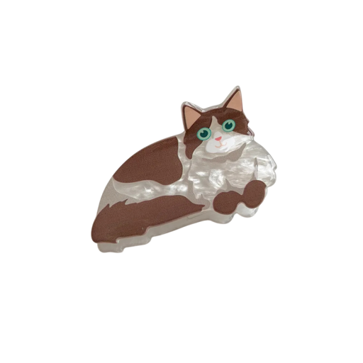 Brown and White Cat Hair Clip Decorative Women's Hair Claw Cute Hair Accessory 8 x 5 cm Firm Hold