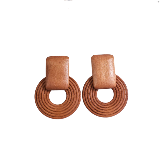 Brown Wooden Round Drop Earrings with Spiral Pattern and Geometric Top Element for Everyday Wear