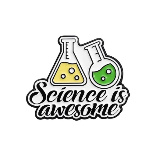 Brož Science is awesome laboratóriumi baňky cca 3 x 2,3 cm fémjelző fekete-fehér sárga és zöld színű ruhára, hátizsákra, táskára