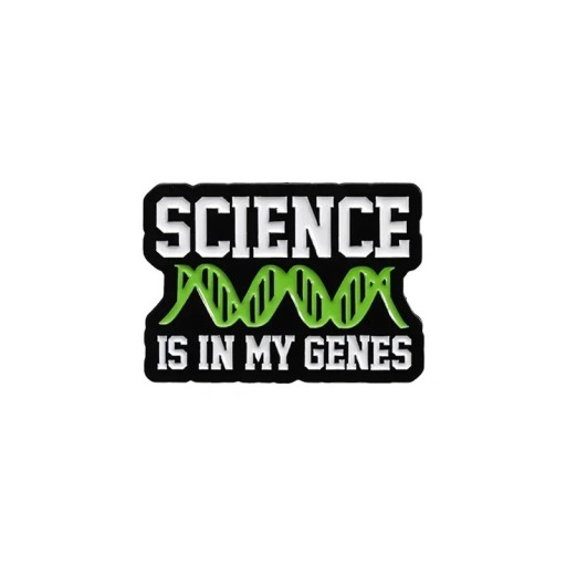 Brož Science is in my genes cca 2,8 x 2 cm fémjelzett több színű kitűző ruhára, hátizsákra, táskára, DNA és tudomány motívummal, Science felirattal