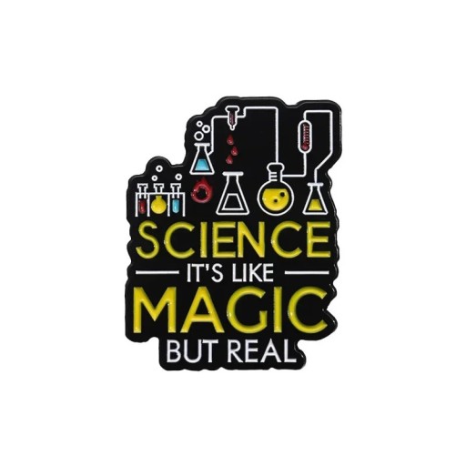 Brož Science it’s like magic but real cca 2,8 x 2,3 cm fém kitűző színes ruhára, hátizsákra, táskára, kémiai és laboratóriumi edények motívumával