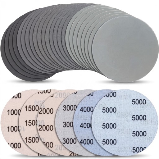 Brusné papíry 125 mm na suchý zip 24 ks Zrnitost 1000 až 5000 Bez otvorů Latex a karbid křemíku Šedé Pro mokré i suché broušení