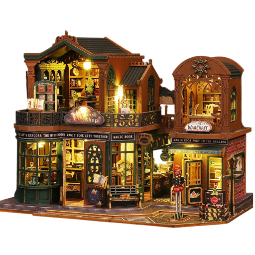 Bücherladen für Puppen 23,5 × 17,2 × 18,3 cm Miniaturhaus mit Licht Holzbausatz mit Möbeln und Zubehör Kreatives DIY-Set