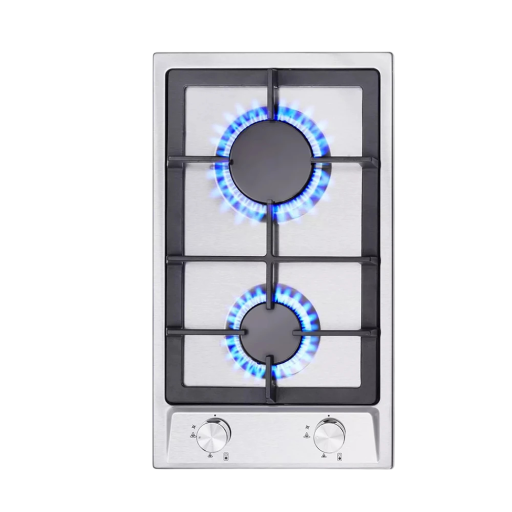 Built-in Gas Hob 2 Burners Wok 2.4 kW Stainless Steel Cast Iron Grids Automatic Ignition Safety Valve 29 x 50 cm NG and LPG