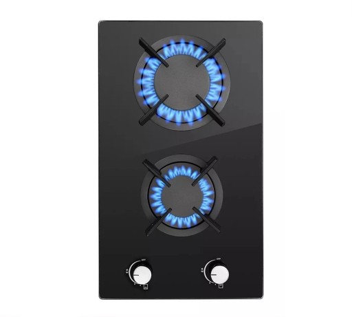 Built-in Gas Hob 2 Burners Wok 3.4 kW Toughened Glass Cast Iron Grids Electronic Ignition Safety Cut-off NG and LPG Black