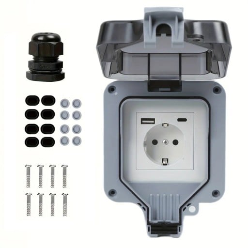 Buiten waterdichte wandcontactdoos IP66 met USB-A en USB-C, stofdicht, met deksel, 16 A, 10,5 × 10,5 cm, ABS kunststof, grijs, voor tuin en badkamer