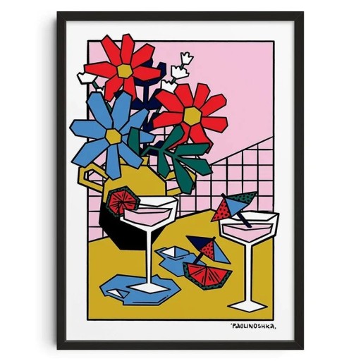 Buntes modernes Poster 50x70 cm Blumen und Cocktails mit Regenschirmen Sommer Pop Art Dekoration Wohnzimmer Küche Vintage Stil ohne Rahmen