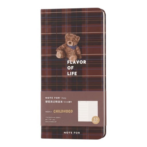 Burgundy Brown Diary 187 x 94 mm with Checked Cover and Bear in Blue Scarf with Pages for 53 Weeks for Planning and School Notes