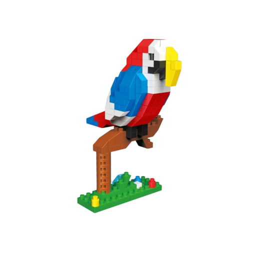 Byg selv papegøje Ara 7×5,5×9 cm Farverig model siddende på en brun gren med grøn base Pixel 3D papegøje i dekorativt design