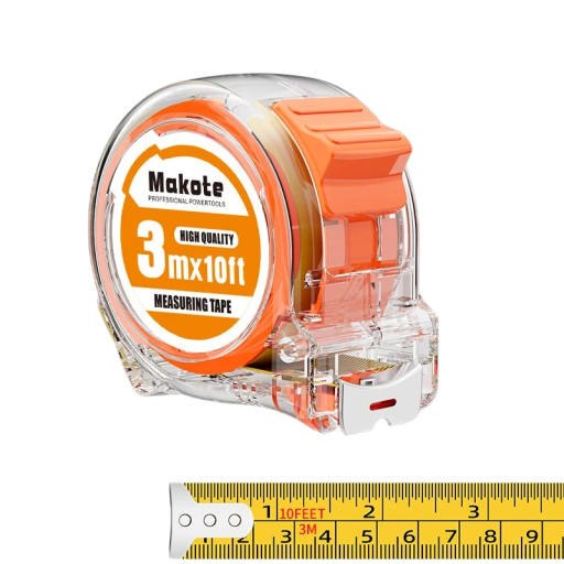 Byggmåttband med kompakt hölje 3 m / 19 mm transparent plast orange för mätning i verkstaden och hemma