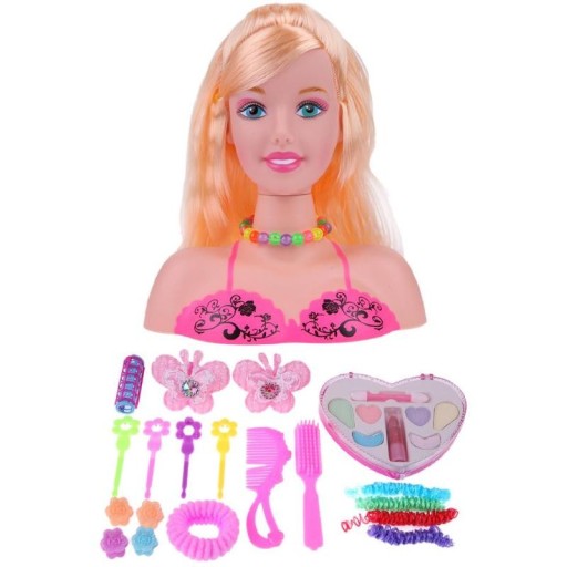 Cabeza de peinar para niñas con cabello largo rubio y accesorios Peine y adornos para el cabello Plástico y vinilo Dimensiones 21 x 19 cm Juego