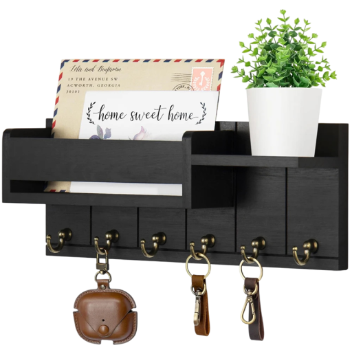 Cabide de parede decorativo para chaves com prateleira e ganchos 30,5x12,2x7,9 cm em madeira para arrumação de chaves e cartas na entrada