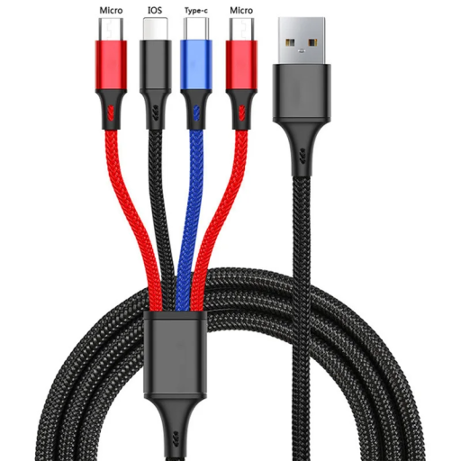 Cable de carga rápida 4 en 1 USB-C + 2 micro USB + Lightning, 1,2 m, 3 A, USB-A, multicolor, para teléfono, accesorios de carga rápida
