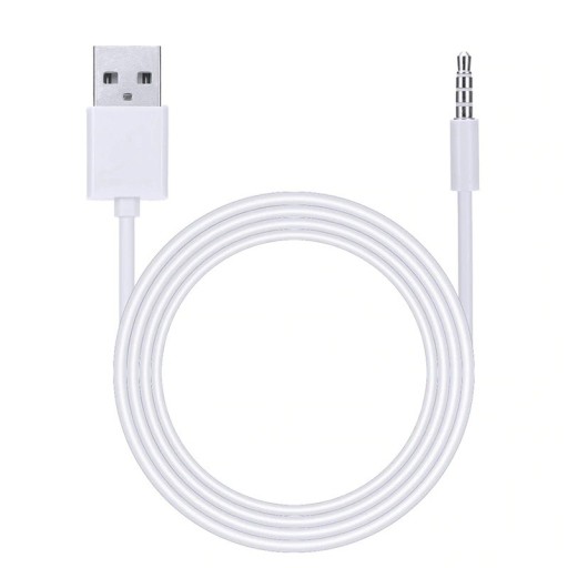 Cable de conexión USB-A a jack de 3,5 mm de cuatro polos Conectores macho en ambos extremos Terminales rectos Cable redondo blanco Longitud 1 m