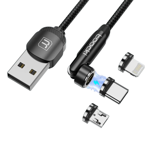 Cable USB A magnético giratorio de carga rápida de 1 m con conectores magnéticos de 3 A para iOS, cable de datos Lightning + USB C + Micro USB, transmisión de 480 Mbps.