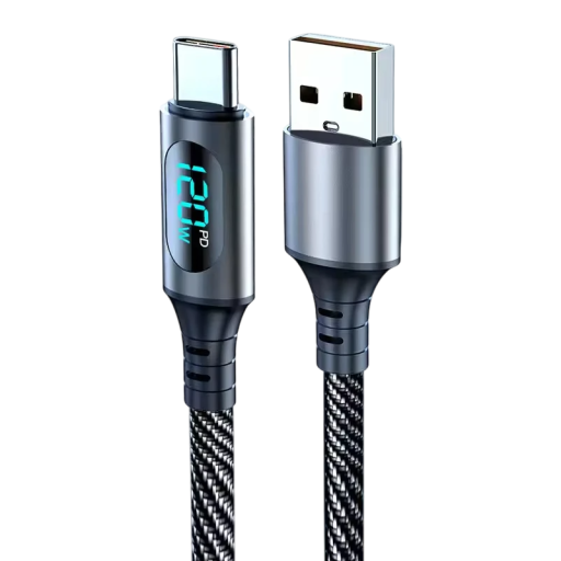 Cablu de încărcare rapidă 120 W USB A la USB C Cablu de nailon de 2 m cu afișaj LED Cablu de date 6A Afișaj tensiune și curent de 480 Mbps în timpul încărcării