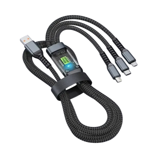 Cablu USB cu încărcare rapidă 3 în 1, cablu împletit ușor de 1,2 m, 100 W, 5 A, cablu de date USB A la Lightning + USB C + Micro USB, telefon mobil