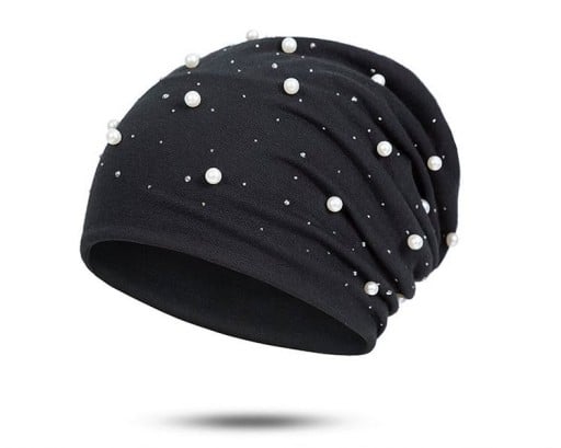 Căciulă beanie pentru femei, cu imitații de perle și pietricele strălucitoare Croială liberă cu plisare moale Tricot fin din poliester