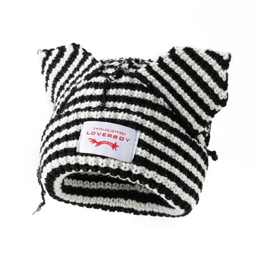 Căciulă de iarnă în dungi Skullies cu urechi de pisică, pălărie croșetată unisex 55–60 cm, căciulă hip-hop caldă și modernă, pălărie de costum, cadou de Crăciun