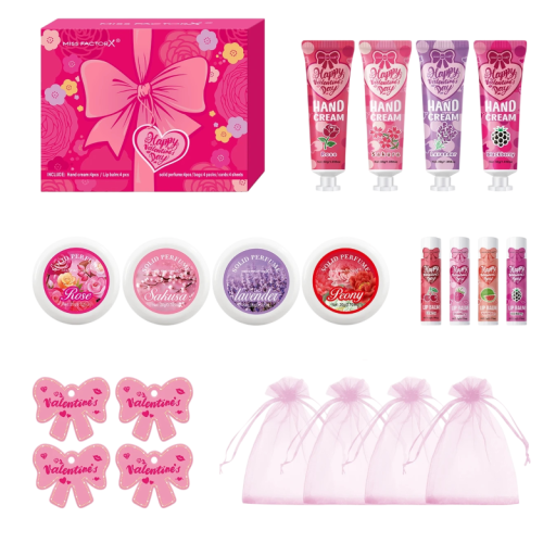 Cadeau cosmetica set 20 stuks handcrème lippenbalsem en vaste parfum roze cadeauzak met strik voor Valentijn en bedankjes