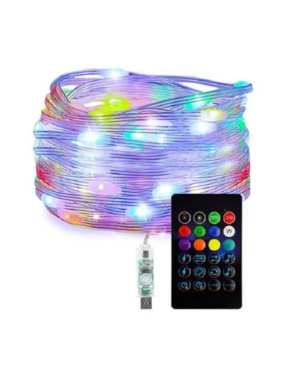 Cadena luminosa USB con mando a distancia 10 m Colores RGB 100 LED, uso exterior e interior IP65