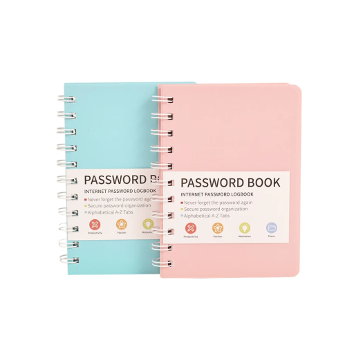 Caderno de Senhas 10,7 x 15 cm Caderno Colorido para Dados de Acesso Capa em PVC 65 Folhas Etiquetas Alfabéticas Encadernação Espiral
