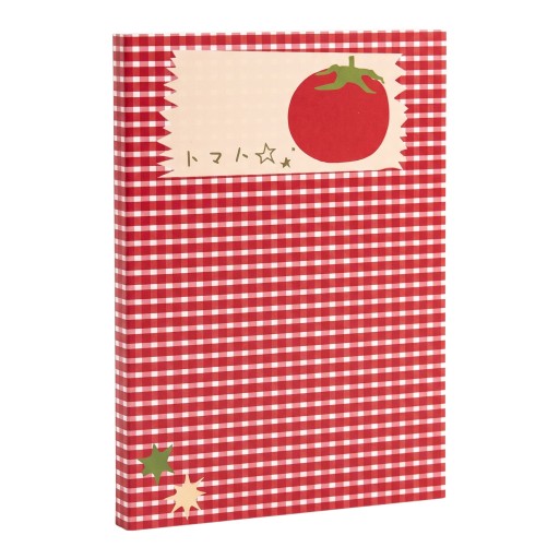 Cahier à feuilles blanches sans lignes dans un motif à carreaux rouge et blanc avec une tomate sur la couverture, comportant 78 pages pour dessiner et prendre des notes de journal