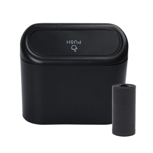 Caixa de lixo pequena para carro com tampa 15,5 x 14 cm Acessório impermeável em ABS com 1 rolo de sacos Contentor de armazenamento compacto