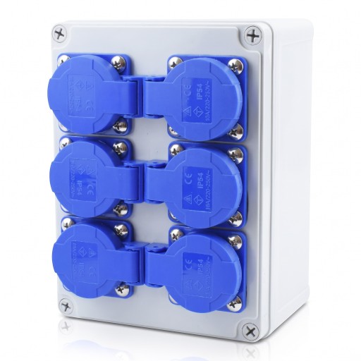 Caixa de tomadas de parede externa à prova de água com 6 tomadas EU 16A 220V ABS cinza com tomadas azuis 200×150×100 mm para garagem e carregamento de carro