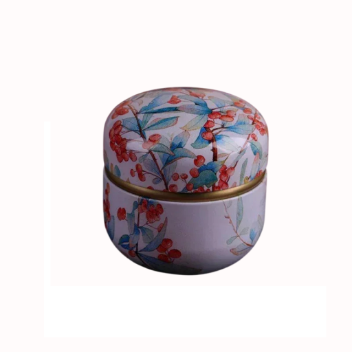 Caixa dupla de metal 8,5 × 8,5 cm com motivo floral, bagas vermelhas e folhas azul-esverdeadas com faixa dourada, caixa com tampa