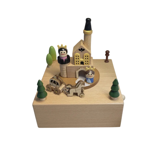 Caja de música de madera con motivo de castillo, príncipe, princesa y carruaje, decoración multicolor para habitación infantil