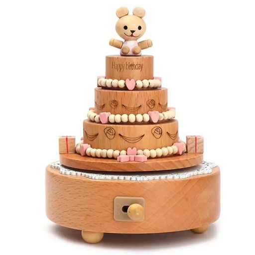 Caja de música de madera giratoria pastel de cumpleaños oso decoración mecanismo manual madera natural elemento móvil