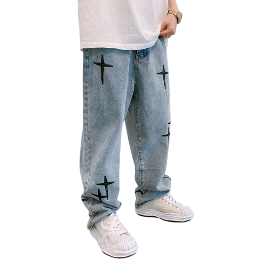 Calças de ganga azuis para homem com bordados pretos de estrelas Estilo casual calças largas com pernas longas Largas e confortáveis calças de ganga Estilo streetwear
