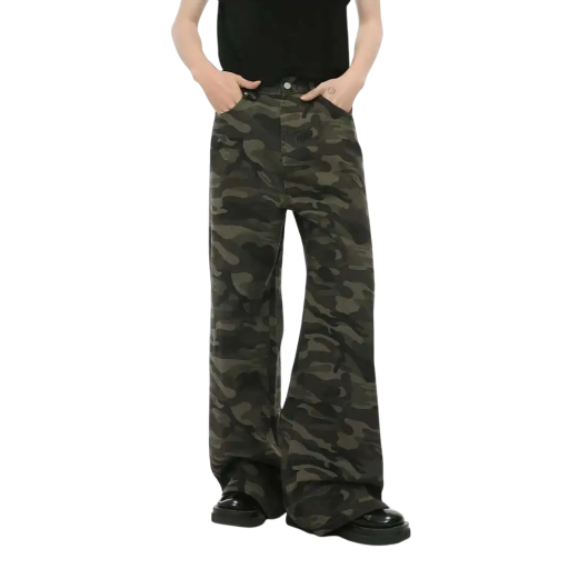 Calças de ganga camufladas para homem com anel metálico Calças largas de perna longa Estilo streetwear Estilo militar Jeans casuais para homem