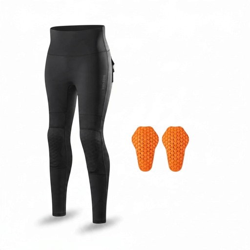 Calças de motociclista com protecções nos joelhos Cintura alta elástica e bolso lateral Poliéster e spandex Pretas Leggings de protecção para usar