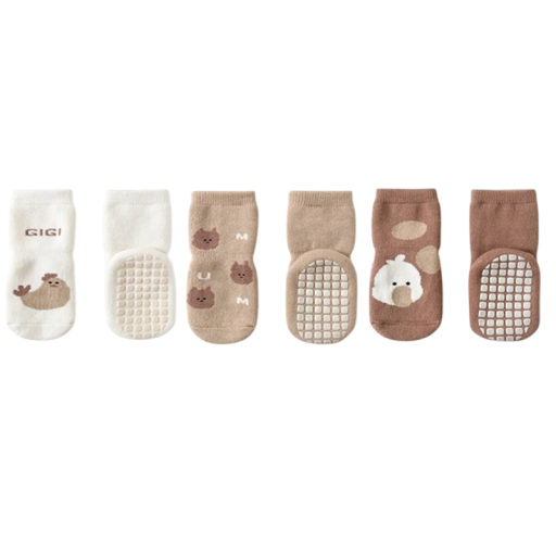 Calcetines infantiles unisex 3 pares Calcetines antideslizantes con motivos de animales Algodón elastano nailon Calcetines coloridos y suaves para niños en casa