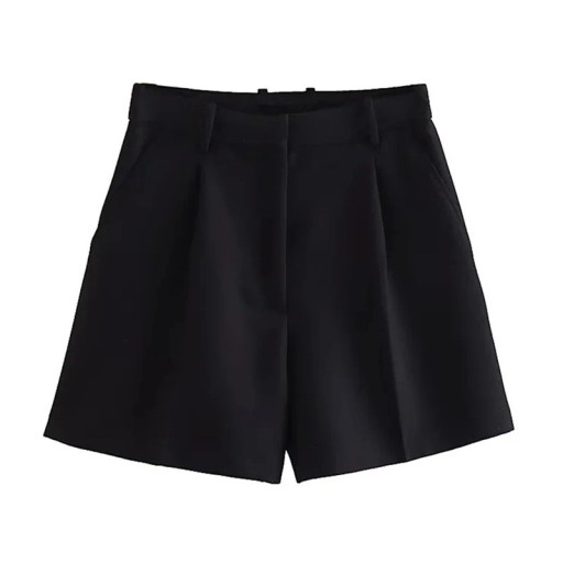 Calções curtos pretos femininos de cintura alta com fecho de correr Calções elegantes com bolsos laterais Calções pretos de verão para lazer
